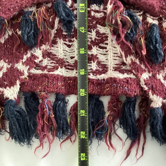 Anthropologie Moth Veras Fringed Cardigan Aztec Knit Sweater XS Burgundy - Picture 6 of 12